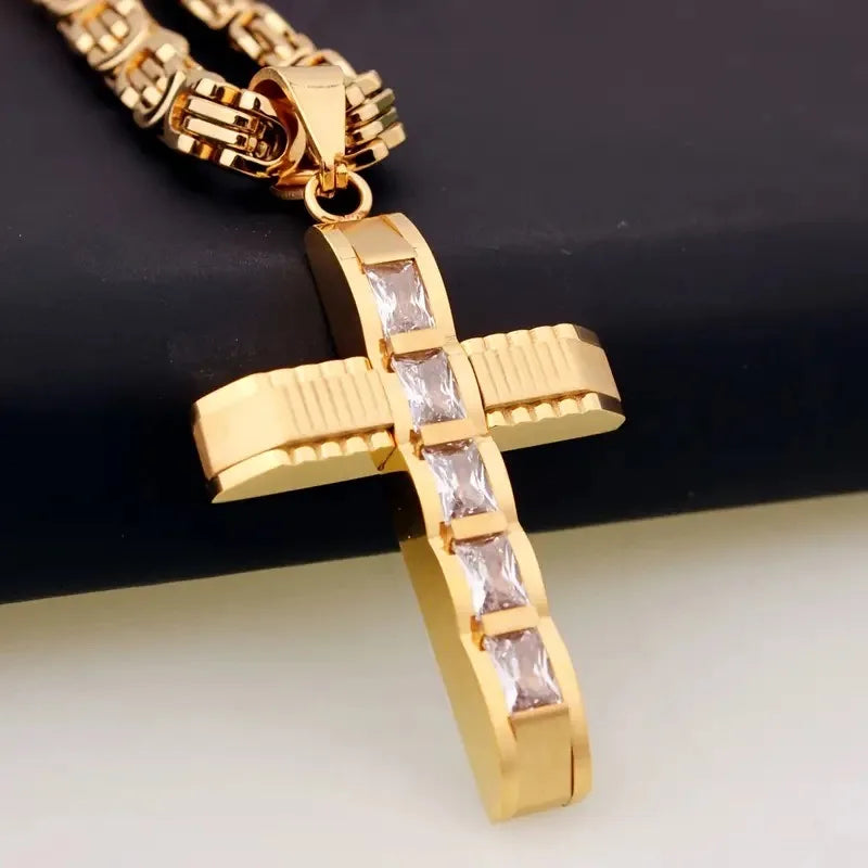 Fashion Cross Stainless Steel Pendant Necklace Men Zirconia