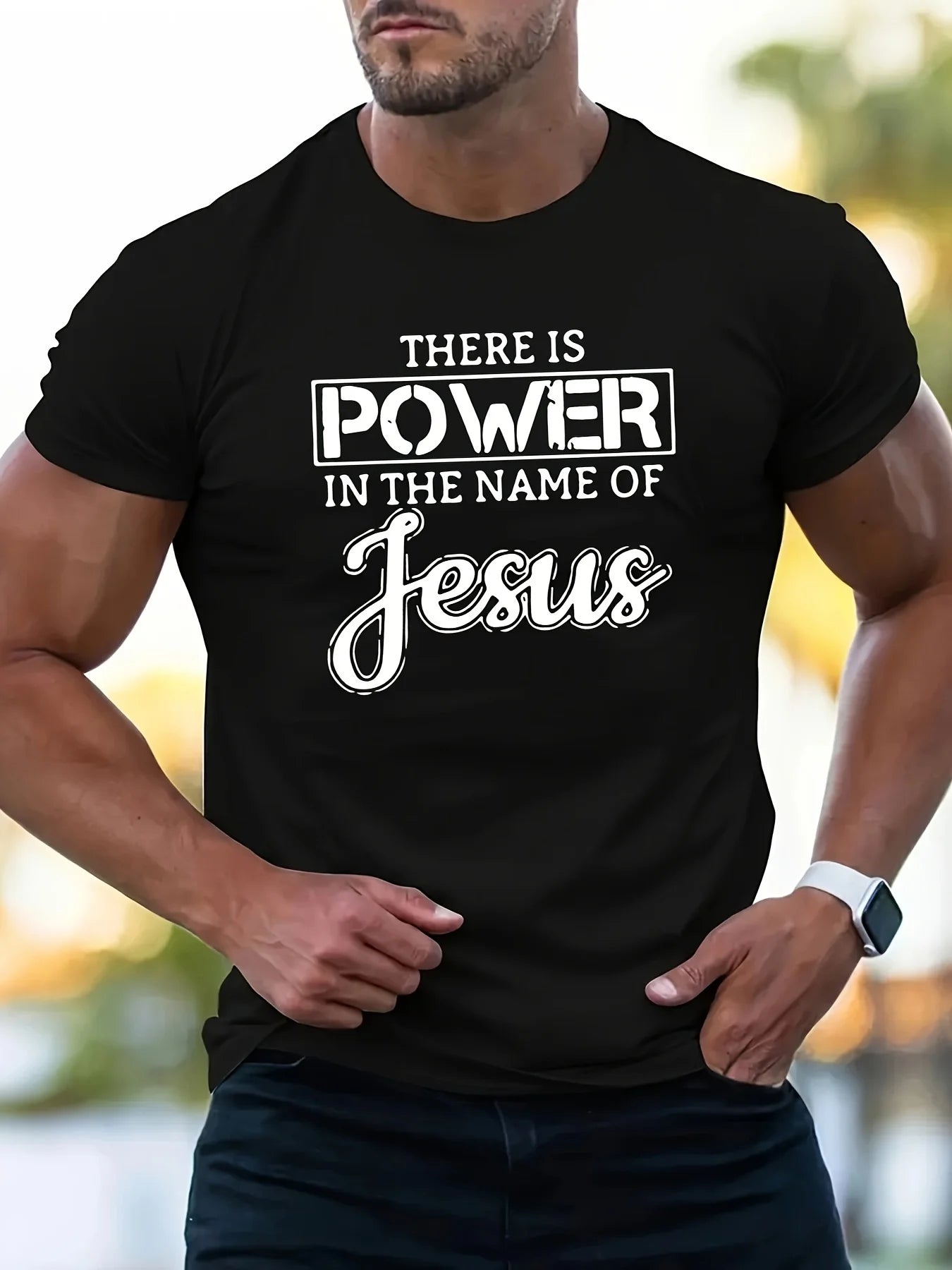 Jesus Print Men's Round Neck Short Sleeved Casual Fashion T-shirt, Suitable for All Seasons, Black Cotton T-shirt