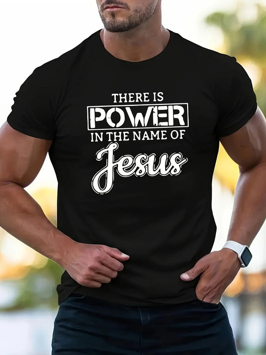 Jesus Print Men's Round Neck Short Sleeved Casual Fashion T-shirt, Suitable for All Seasons, Black Cotton T-shirt