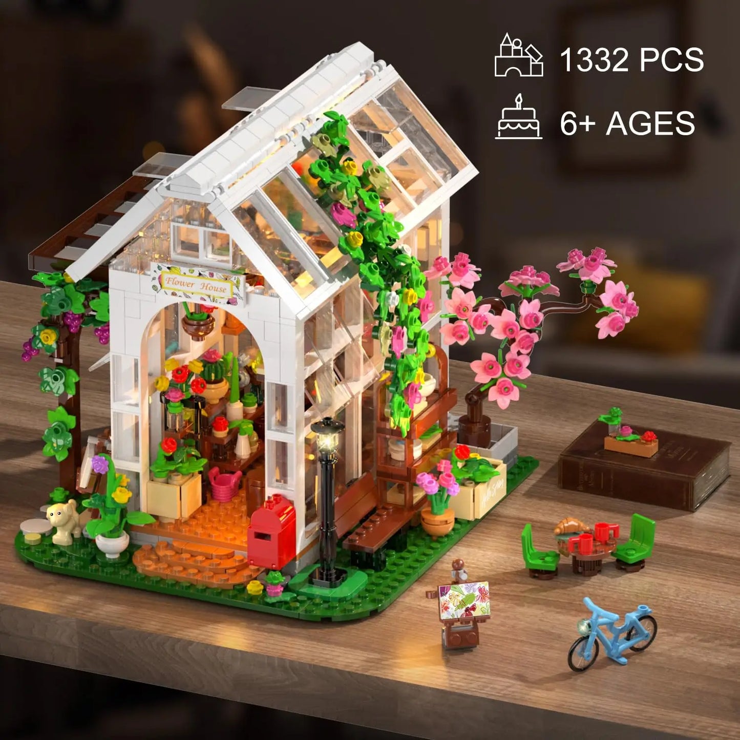 HOGOKIDS Flower House Building Set with LED-Toy with Flowers  Plants Parrot Cat Animals Playset Greenhouse Gift for Adults Teens