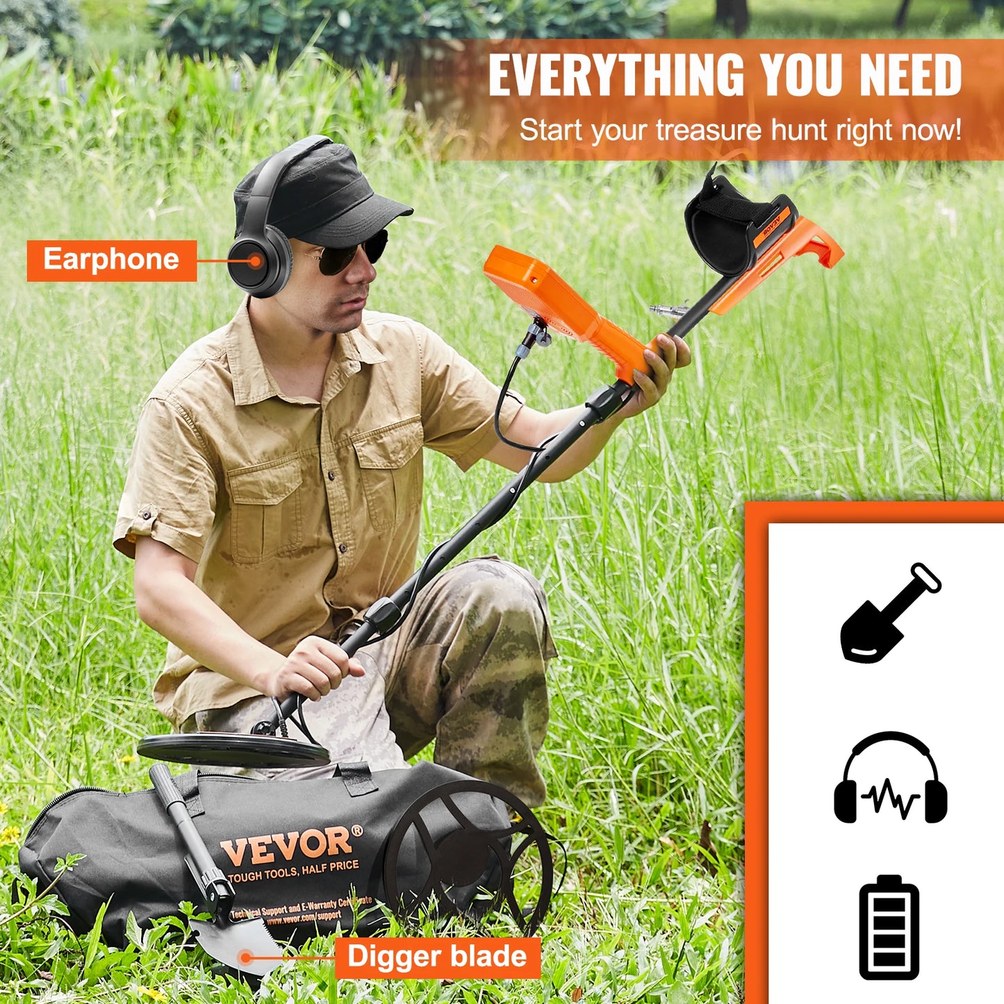 VEVOR Professional Rechargeable Metal Detector 12 Inch Waterproof Coil Adjustable 39-50 Inches with LCD 7 Modes for Treasure Hunting
