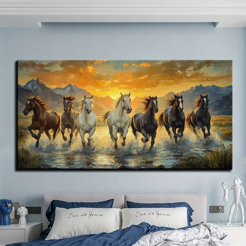 Feng Shui Seven Horses Canvas Wall Art Frame Waterproof