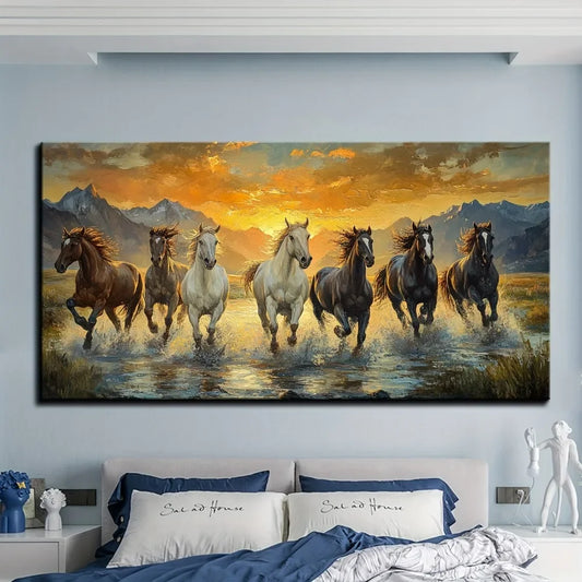 Feng Shui Seven Horses Canvas Wall Art Frame Waterproof