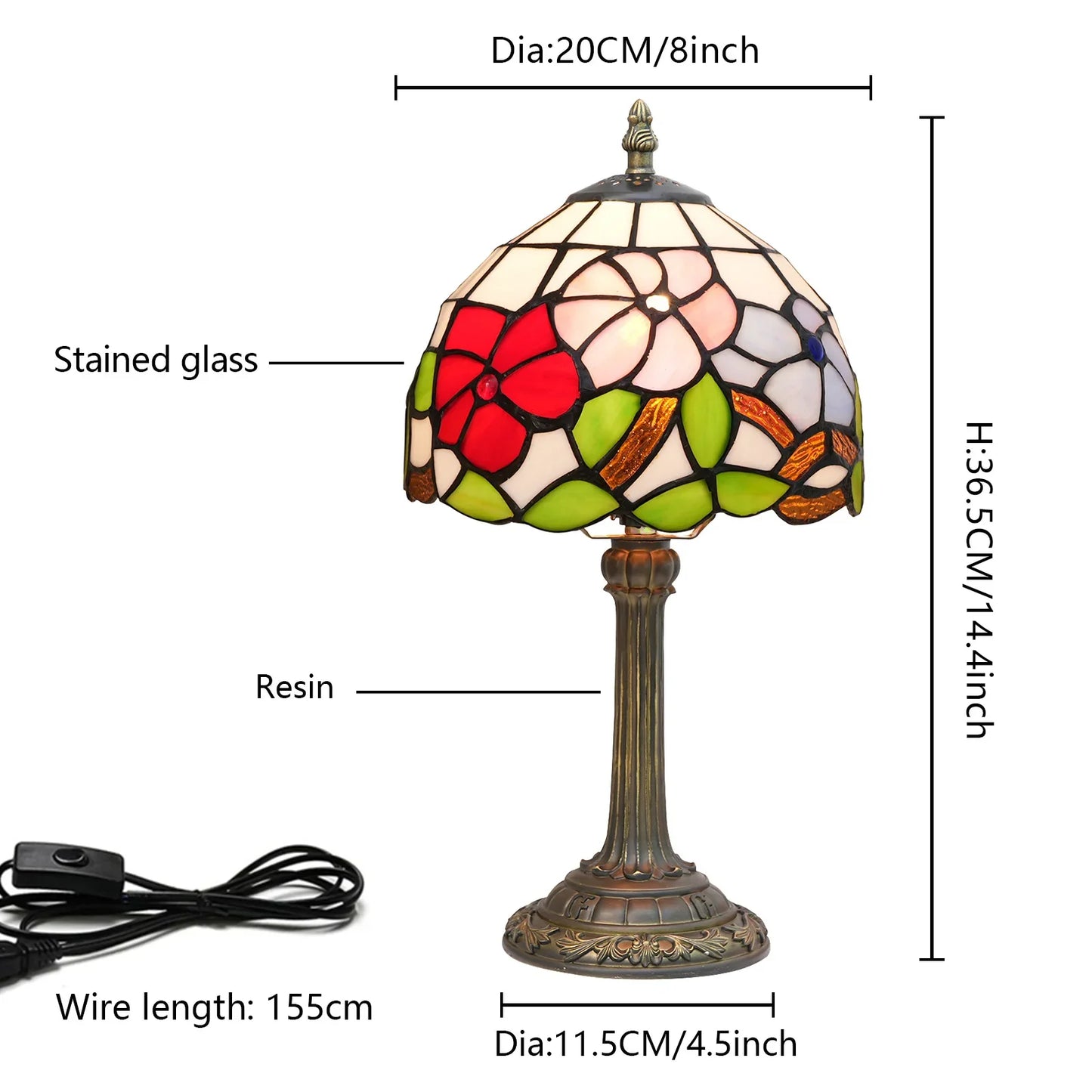 8inch 20cm Tiffany Desk Light Stained Glass Dragonfly Lampshade Bedside Table Lamp for Bedroom Living Room Lampara Mesita Noche