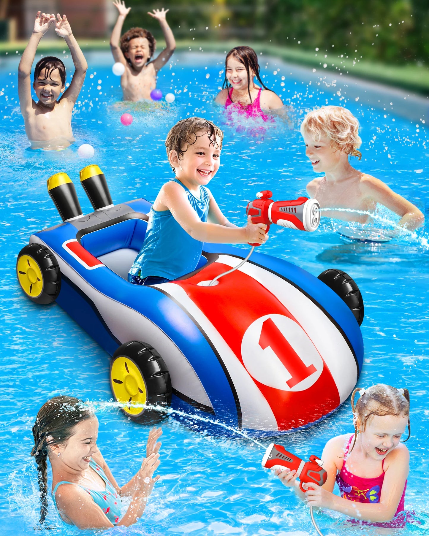 Inflatable Pool Float with Water Gun Ride-On Swimming Toy for Kids 4 to 9 Years Old Summer Outdoor Water Pool Games