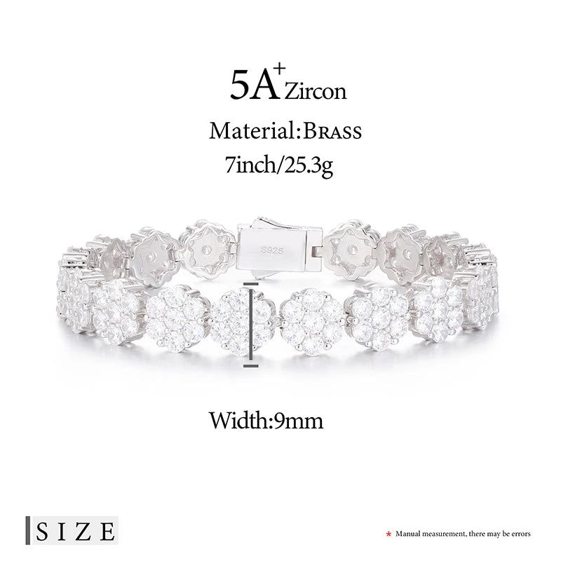 Unisex 3mm-5mm Heart 3 Row Tennis Moissanite Bracelet 925 Silver For Women Men Hip Hop Jewelry