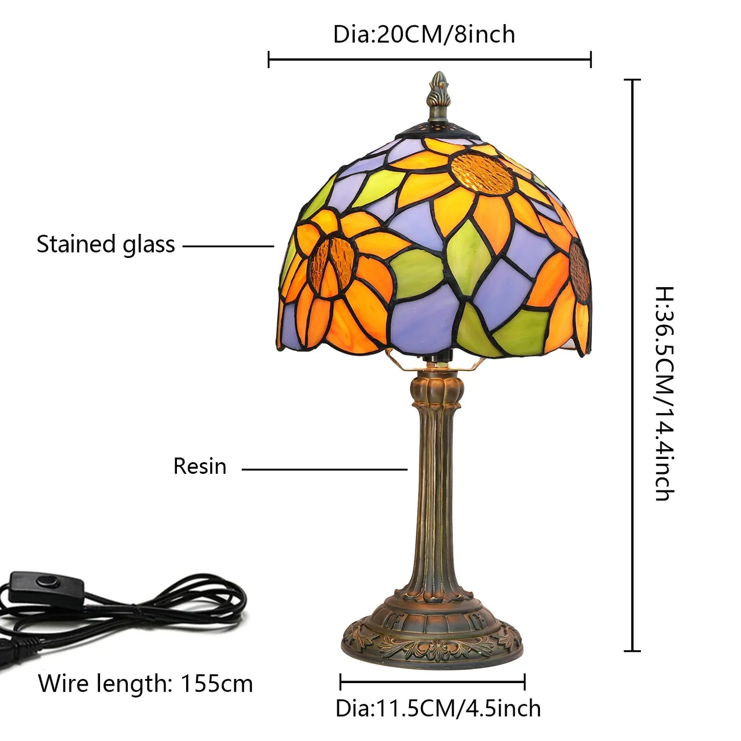 8inch 20cm Tiffany Desk Light Stained Glass Dragonfly Lampshade Bedside Table Lamp for Bedroom Living Room Lampara Mesita Noche