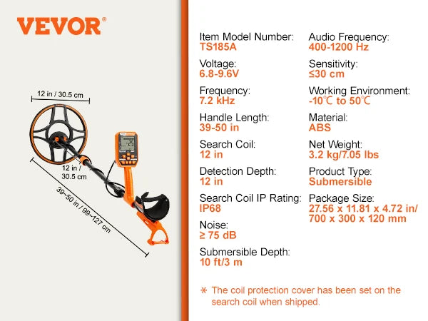 VEVOR Professional Rechargeable Metal Detector 12 Inch Waterproof Coil Adjustable 39-50 Inches with LCD 7 Modes for Treasure Hunting
