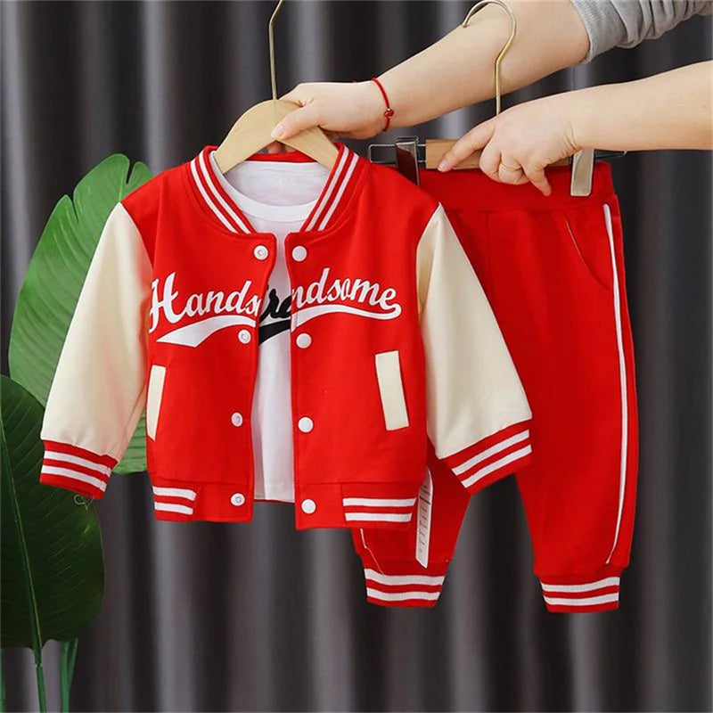 Boys Autumn Letter Jacket Set Round Neck Top Striped Pants