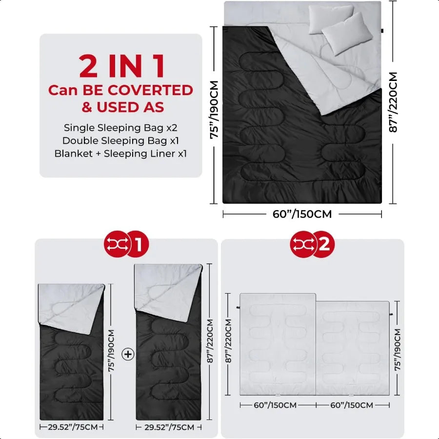 Double Sleeping Bag Queen Size 2 Person 3 Season Camping