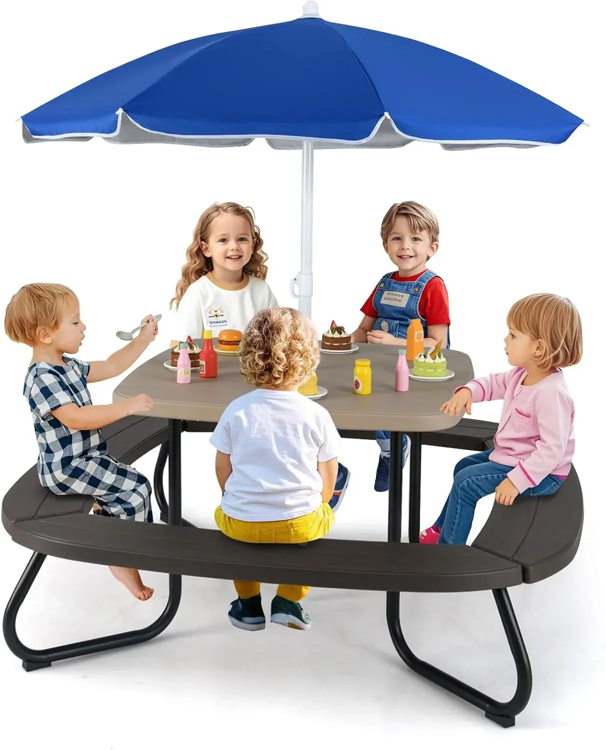 Kids Picnic Table, 8 Person Toddler Outdoor Table and Chair Set, 4 Built-in Benches, Removable Umbrella, Metal Frame