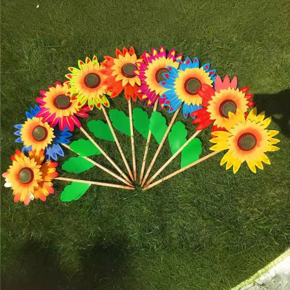 Colorful Sunflower Windmill Wind Turbine Wooden Pole Plug-in Windmill Camping Picnic Lawn Party Decoration