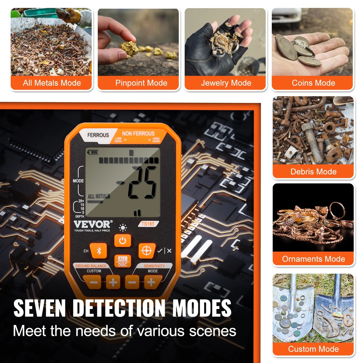 VEVOR Professional Rechargeable Metal Detector 12 Inch Waterproof Coil Adjustable 39-50 Inches with LCD 7 Modes for Treasure Hunting