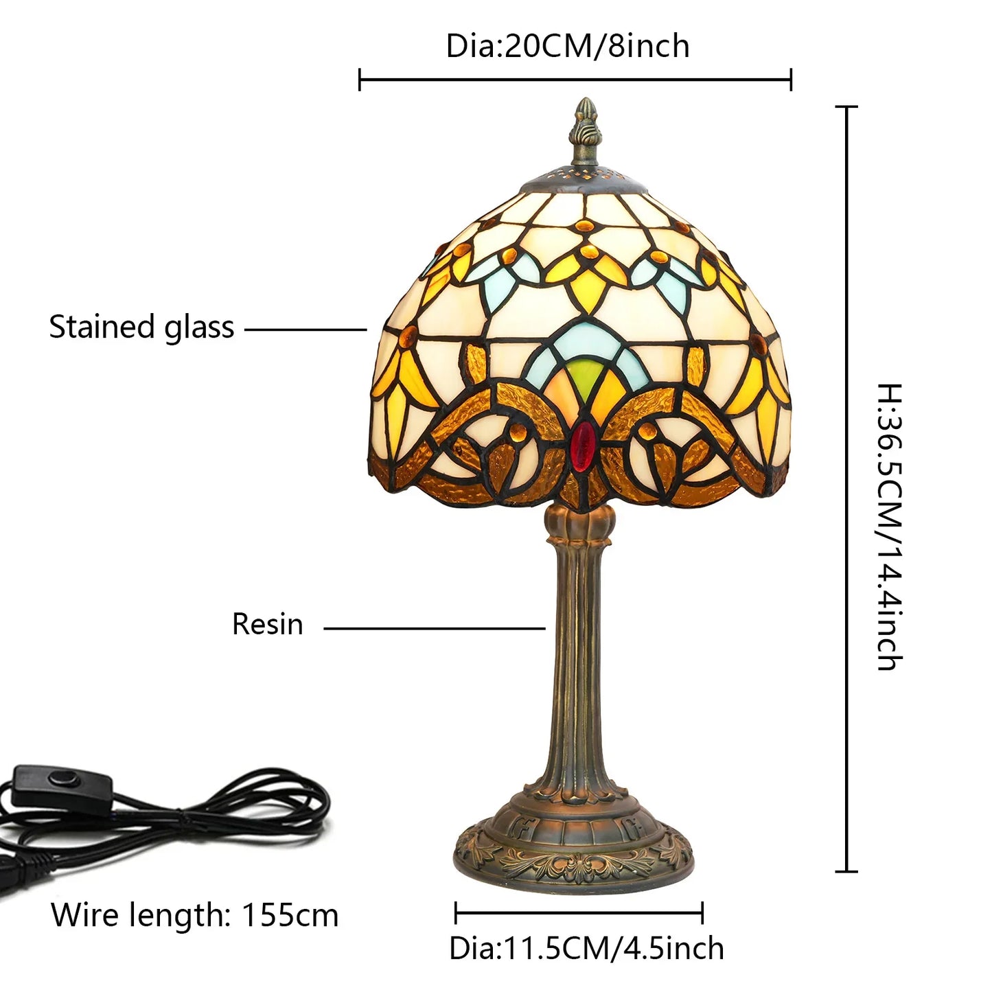 8inch 20cm Tiffany Desk Light Stained Glass Dragonfly Lampshade Bedside Table Lamp for Bedroom Living Room Lampara Mesita Noche