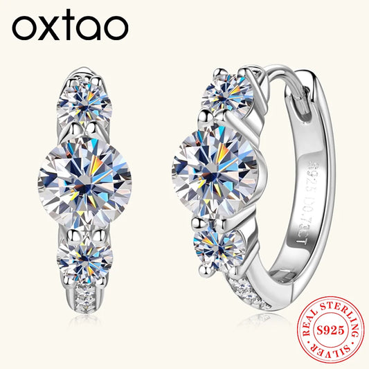 OXTAO S925 Silver Hoop Earrings Moissanite Three Stone
