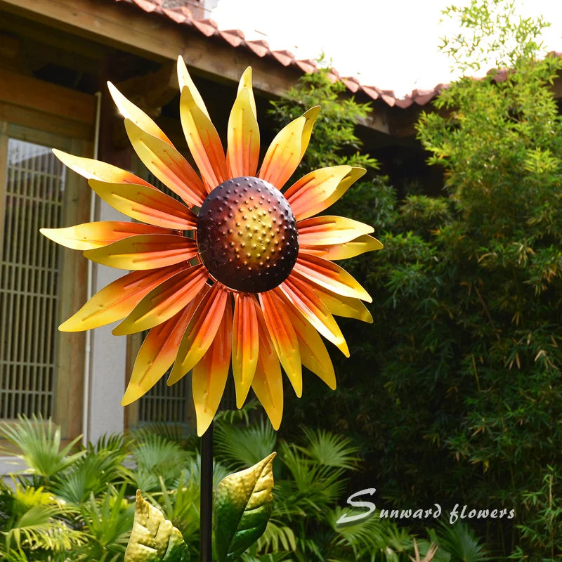 Enchanting Courtyard Sunflower Windmill Vibrant Iron Art Hand-painted Spinner Decorative Garden Ground Stake Climbing Support