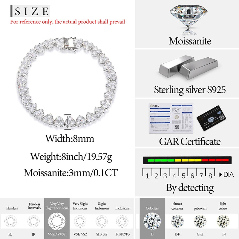 Unisex 3mm-5mm Heart 3 Row Tennis Moissanite Bracelet 925 Silver For Women Men Hip Hop Jewelry