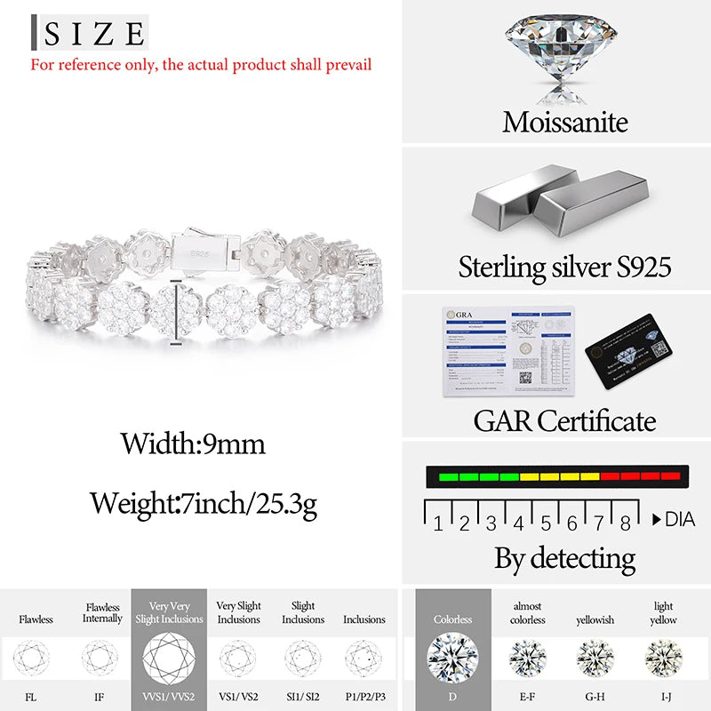 Unisex 3mm-5mm Heart 3 Row Tennis Moissanite Bracelet 925 Silver For Women Men Hip Hop Jewelry