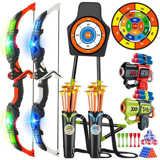 VATOS 2X Bow Arrow + Guns Toy For Kids LED Light Up Archery with Suction Cup Stand Target Dart Board Indoor Outdoor Game Toys