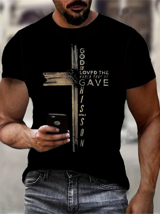 1pc "God Loved the Church" Graphic T-Shirt, 100% Fabric, Crew Neck, Short Sleeve, Regular Fit, Weekend Casual Wear