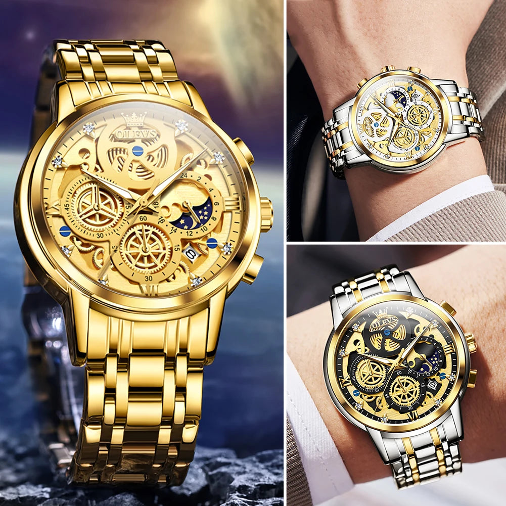Olevs Mens Luxury Waterproof Quartz Watch Skeleton Classic