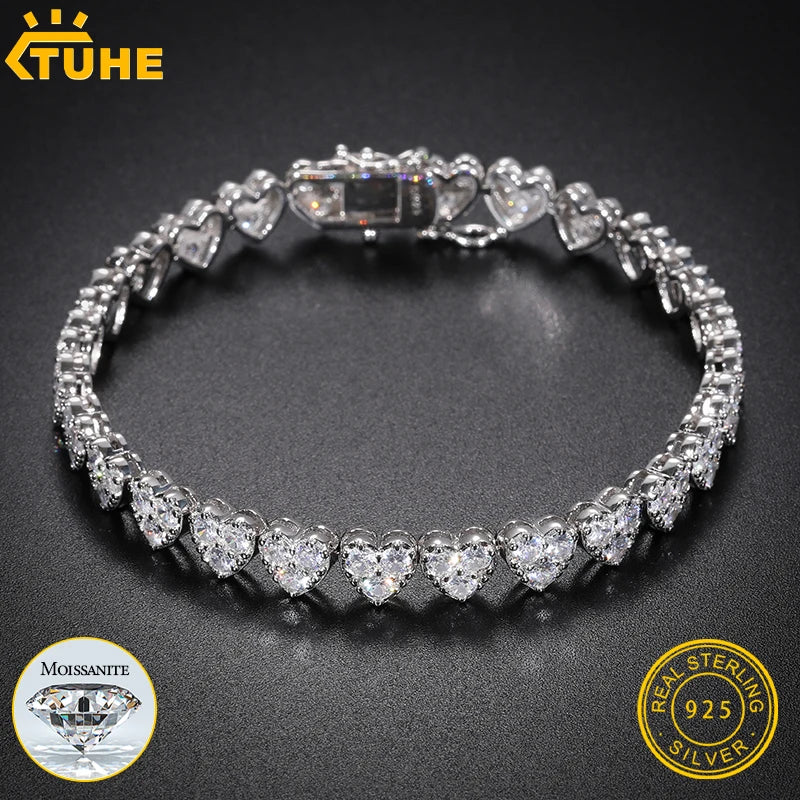 Unisex 3mm-5mm Heart 3 Row Tennis Moissanite Bracelet 925 Silver For Women Men Hip Hop Jewelry