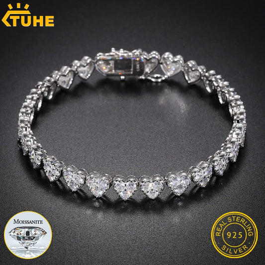 Unisex 3mm-5mm Heart 3 Row Tennis Moissanite Bracelet 925 Silver For Women Men Hip Hop Jewelry
