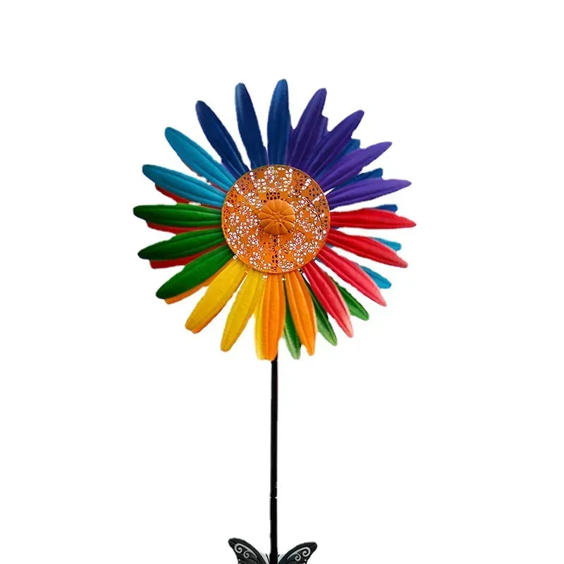 Enchanting Courtyard Sunflower Windmill Vibrant Iron Art Hand-painted Spinner Decorative Garden Ground Stake Climbing Support