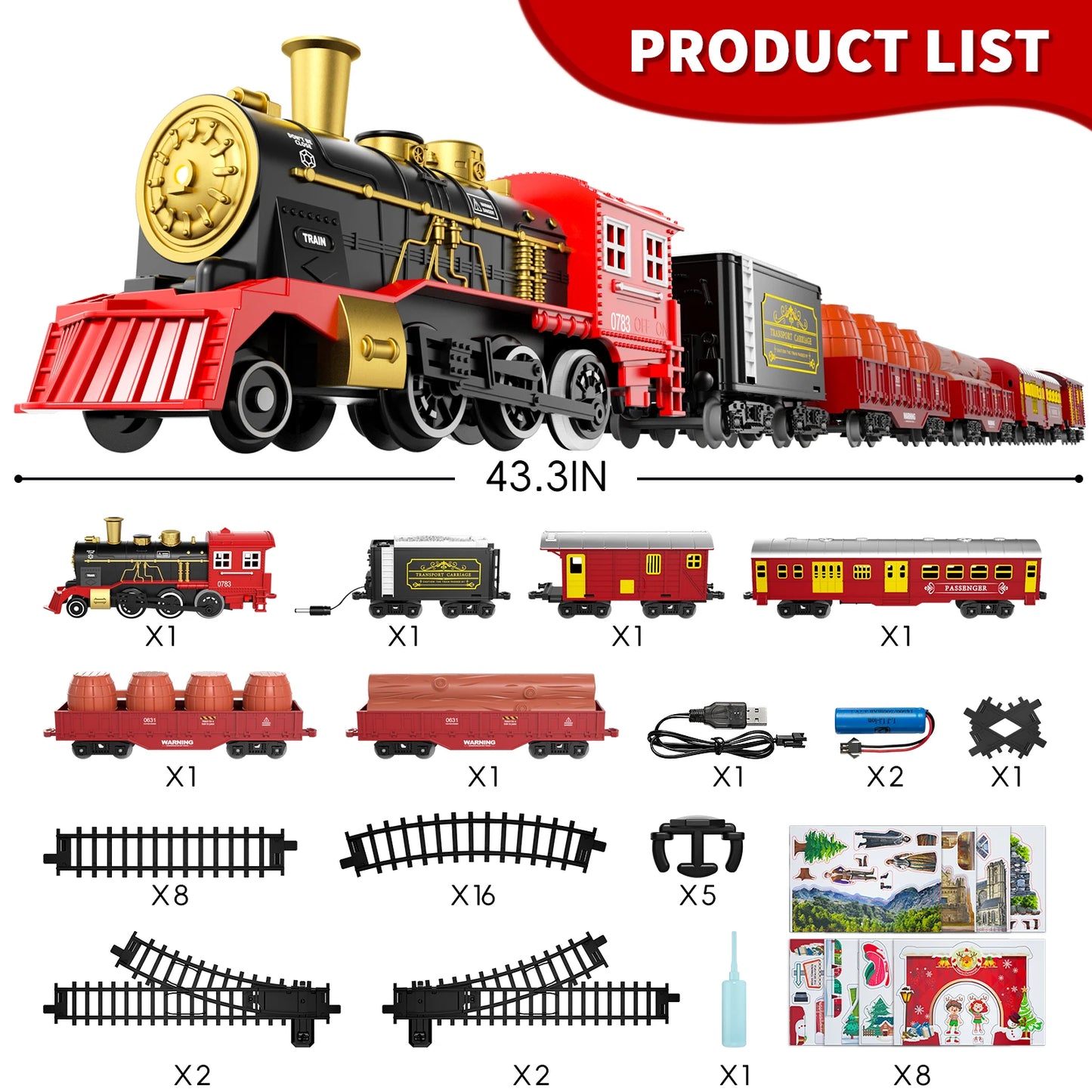 Red Train Set For Kids Light And Sound 6 Cars 28 Tracks For 3 4 5 6 Year Olds
