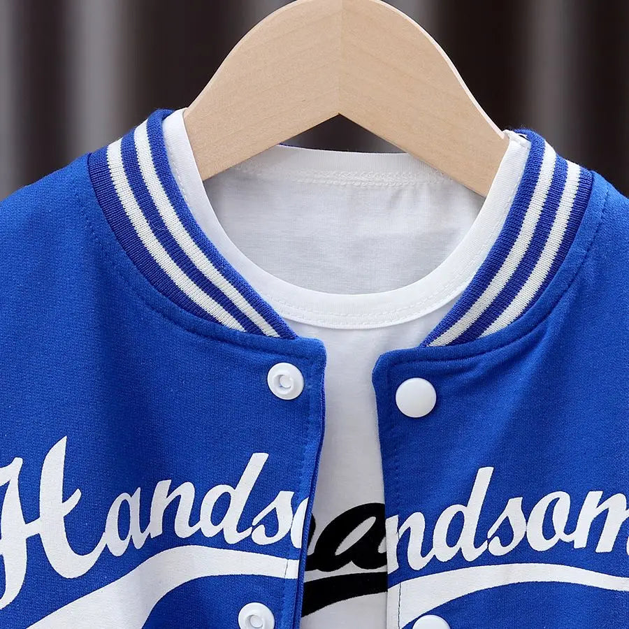 Boys Autumn Letter Jacket Set Round Neck Top Striped Pants