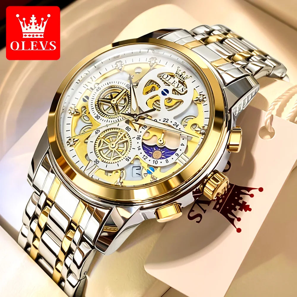 Olevs Mens Luxury Waterproof Quartz Watch Skeleton Classic