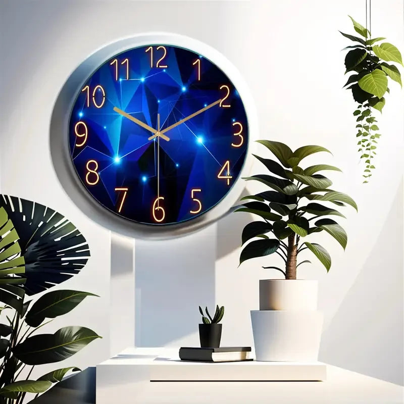 Blue Round Glass Wall Clock Battery Operated Non Ticking