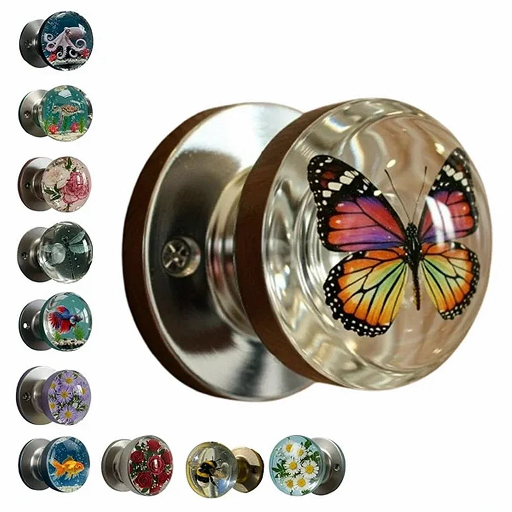 Retro Round Resin Door Knob Crystal Flower Transparent