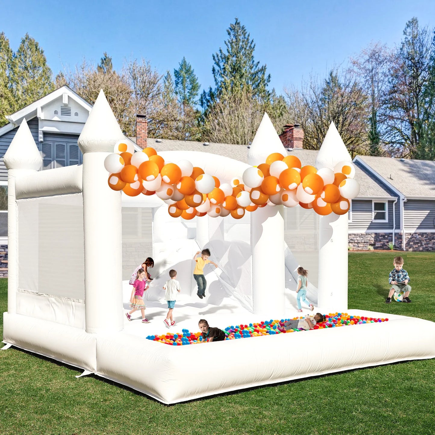 New Inflatable White Bounce House for Big Kids and Adults with Slide and Ball Pit Commercial PVC Bouncy Castle for Weddings Parties and Events