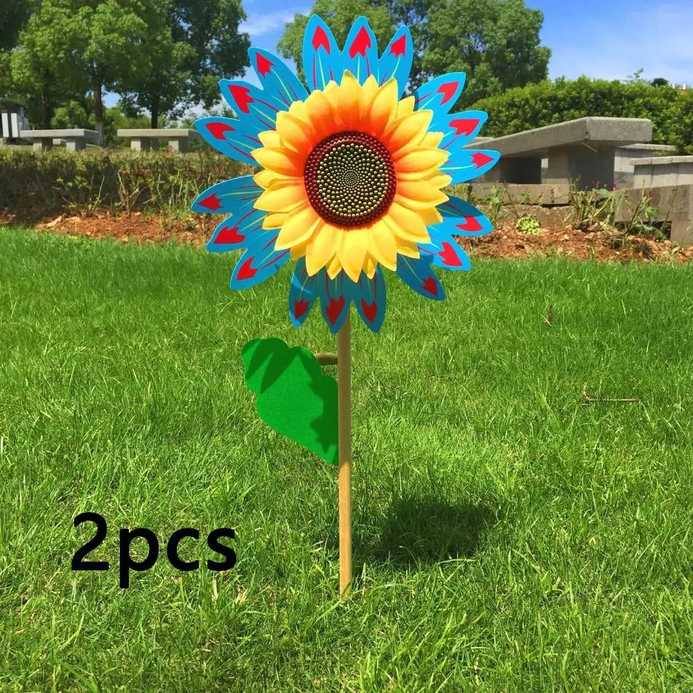 Colorful Sunflower Windmill Wind Turbine Wooden Pole Plug-in Windmill Camping Picnic Lawn Party Decoration