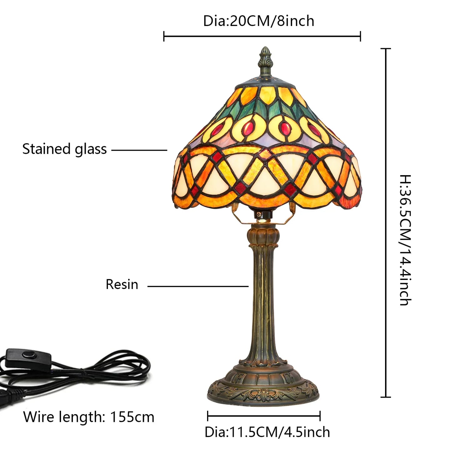8inch 20cm Tiffany Desk Light Stained Glass Dragonfly Lampshade Bedside Table Lamp for Bedroom Living Room Lampara Mesita Noche