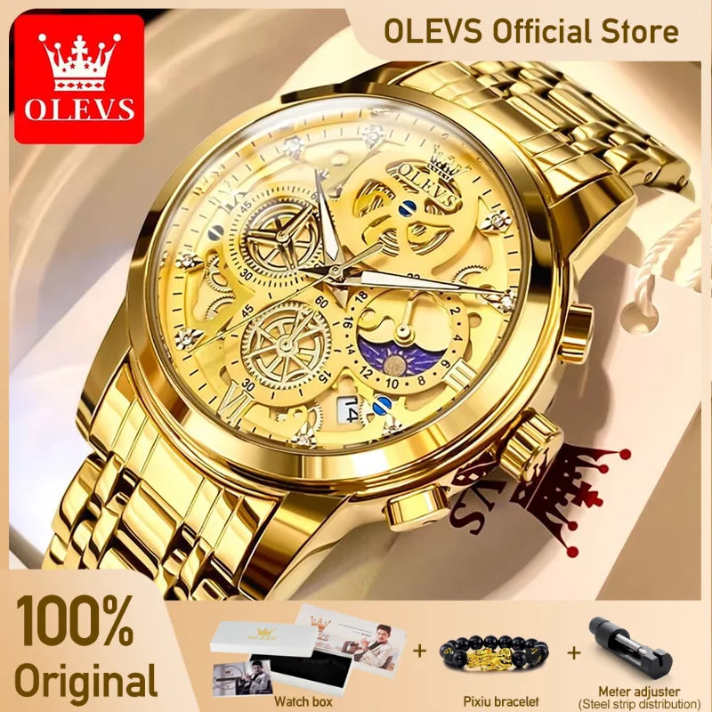 Olevs Mens Luxury Waterproof Quartz Watch Skeleton Classic