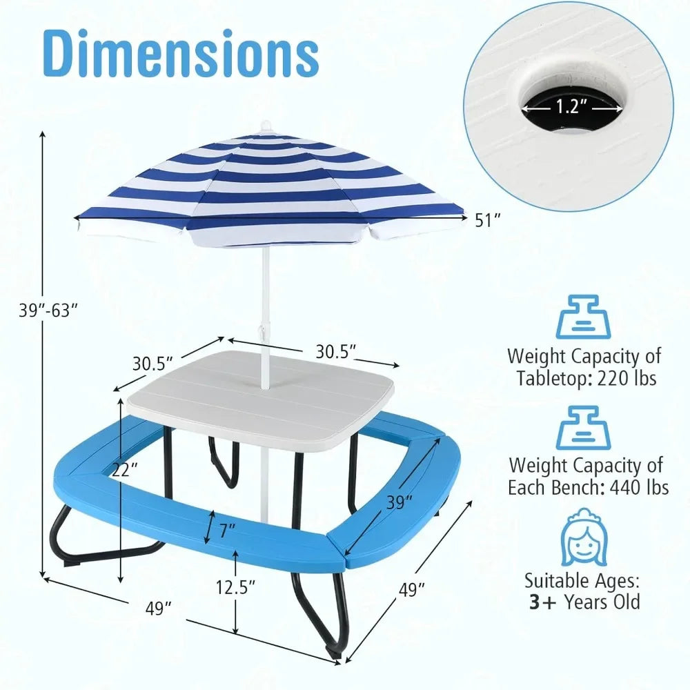 Kids Picnic Table, 8 Person Toddler Outdoor Table and Chair Set, 4 Built-in Benches, Removable Umbrella, Metal Frame