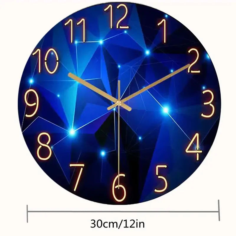 Blue Round Glass Wall Clock Battery Operated Non Ticking