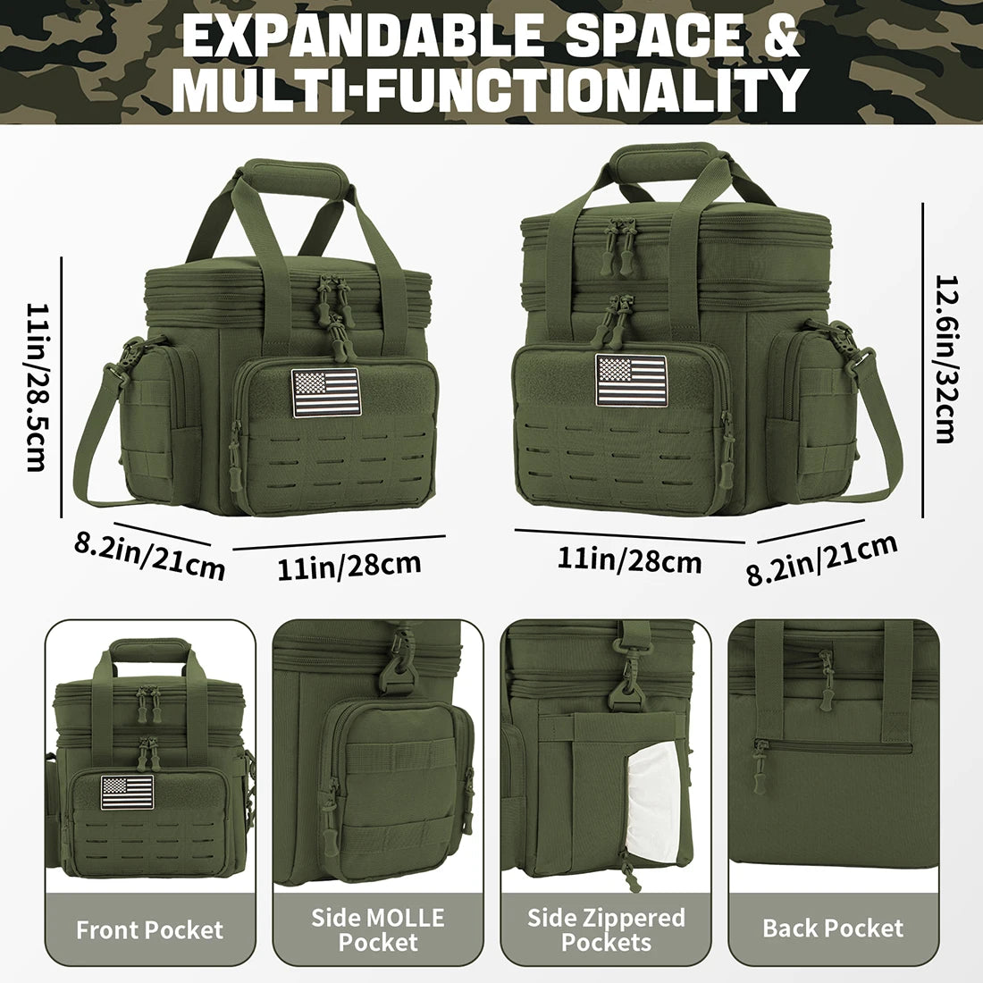 Expandable Tactical Lunch Box Heavy Duty Insulated Cooler Bag With MOLLE Webbing