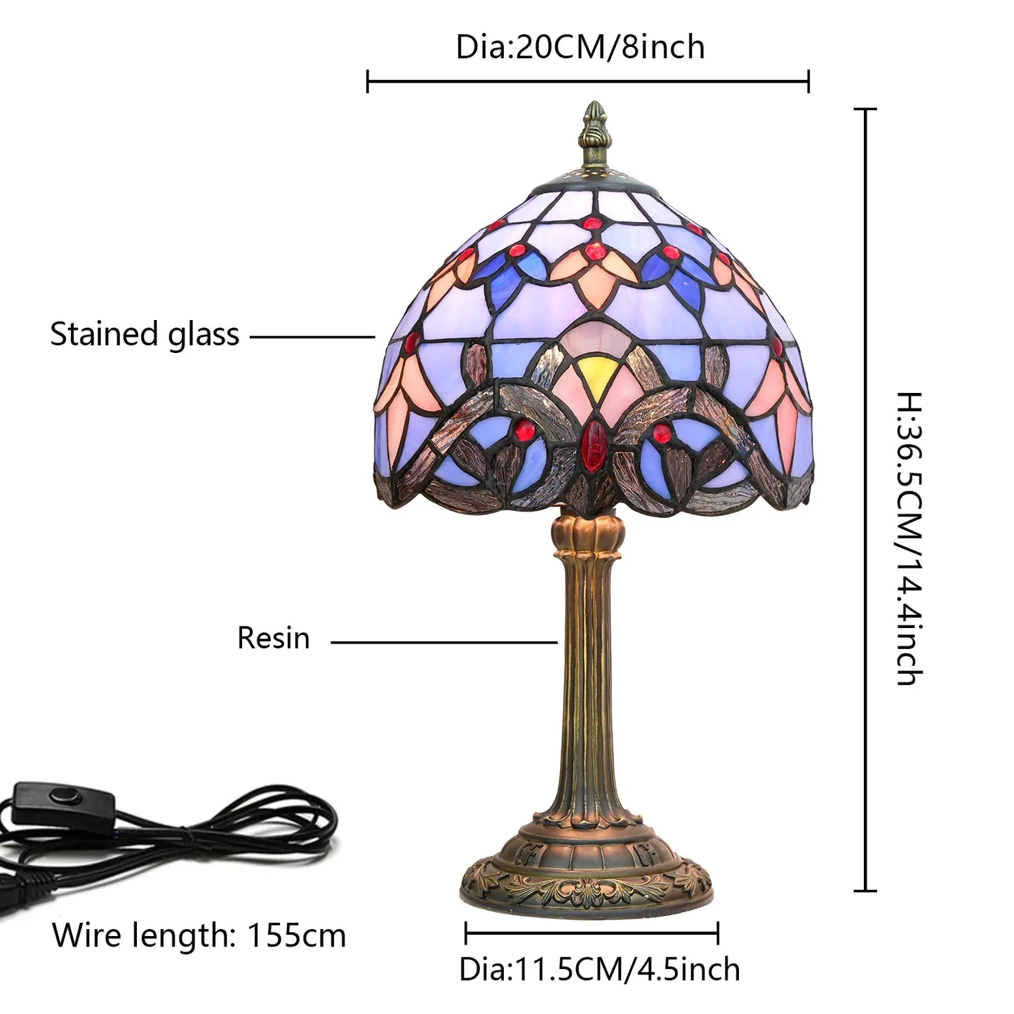 8inch 20cm Tiffany Desk Light Stained Glass Dragonfly Lampshade Bedside Table Lamp for Bedroom Living Room Lampara Mesita Noche