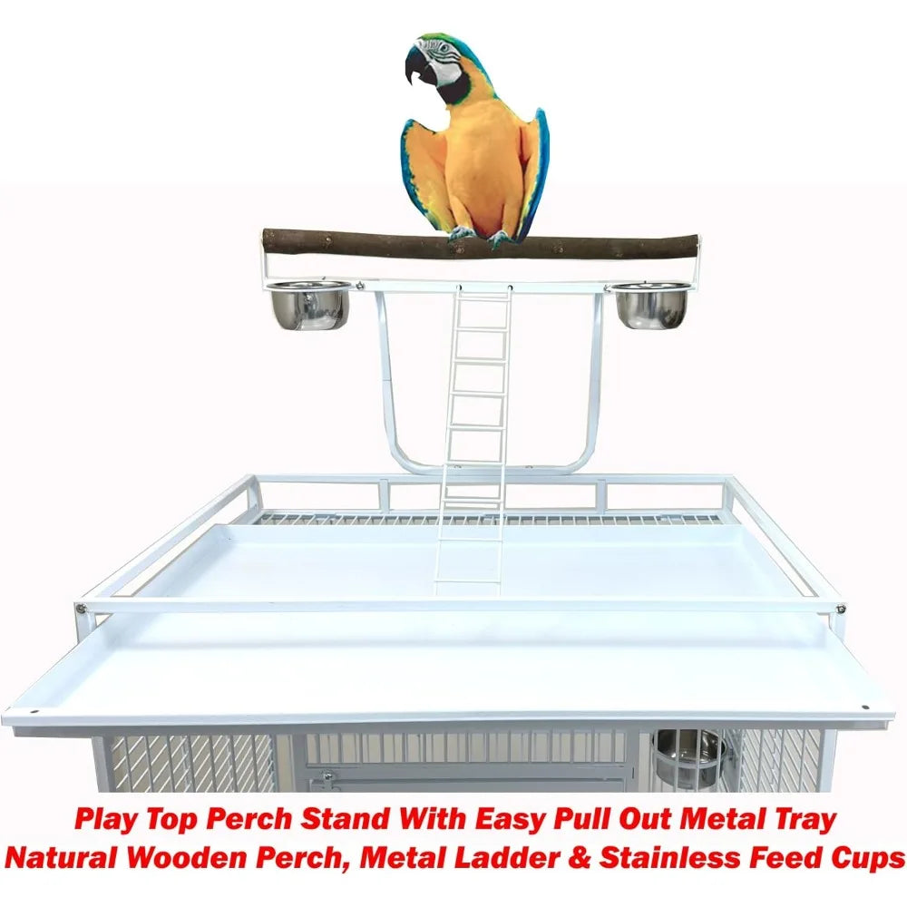 Extra Large 32" x 23" x 69"H Elegant and Durable Wrought Iron Top Play Ground Walk Ladder Bird Parrot Rolling Cage, Include Stai