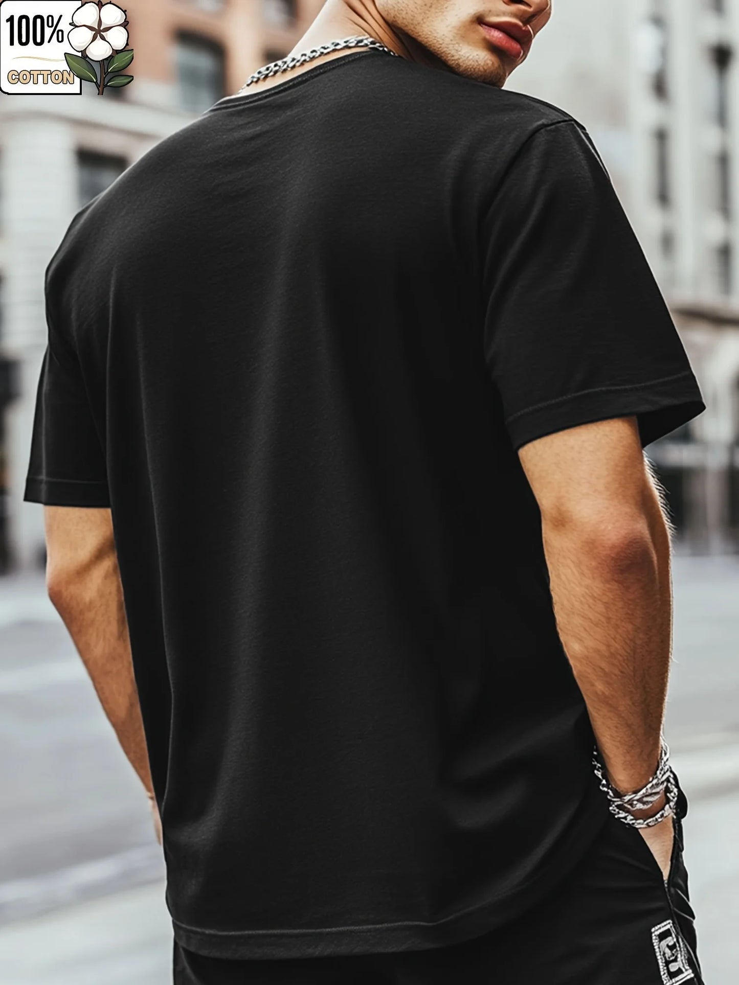 Jesus Print Men's Round Neck Short Sleeved Casual Fashion T-shirt, Suitable for All Seasons, Black Cotton T-shirt