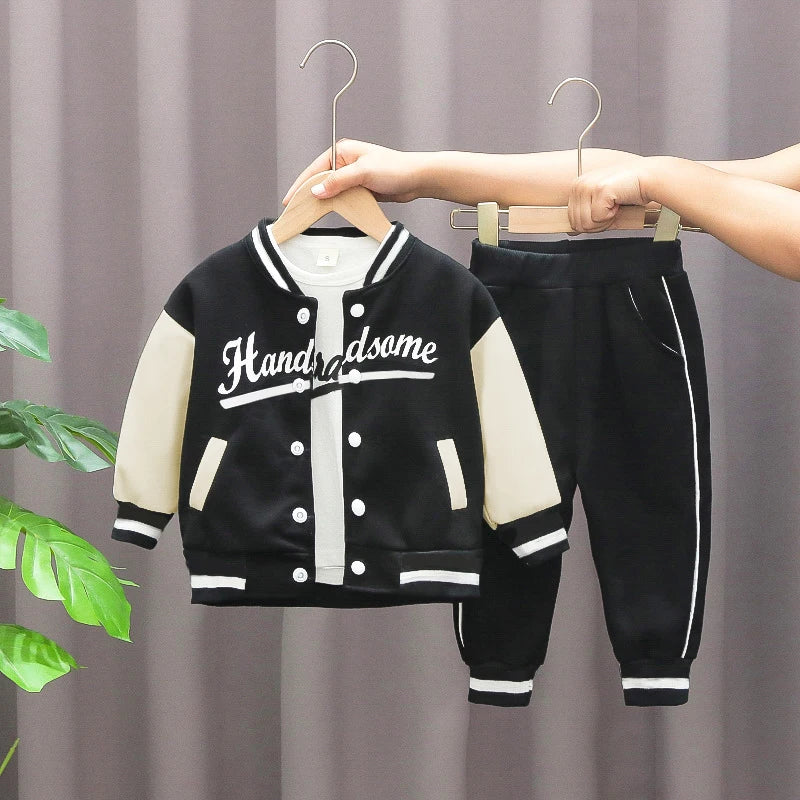 Boys Autumn Letter Jacket Set Round Neck Top Striped Pants
