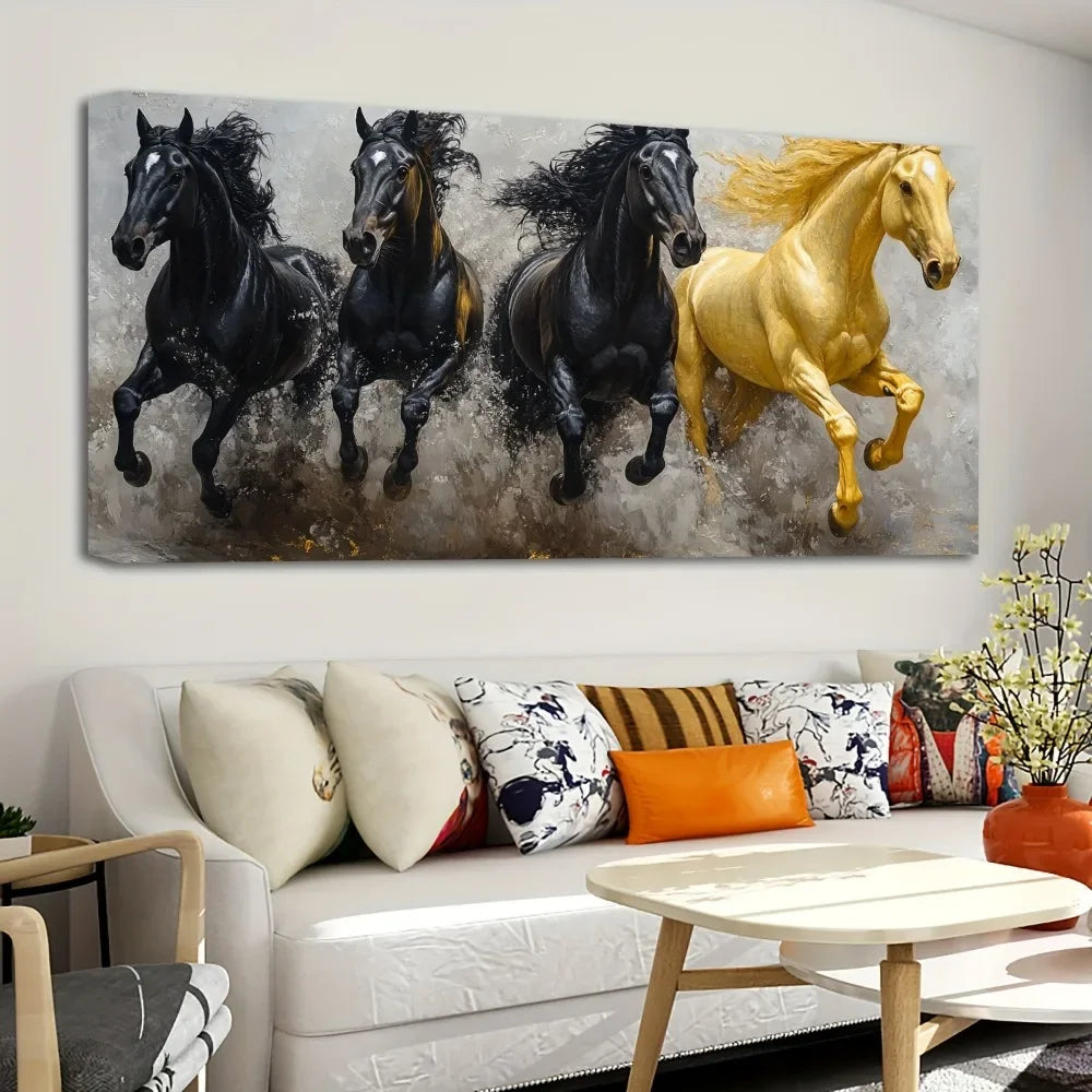 Majestic Eight Running Horses Canvas Art Pine Frame