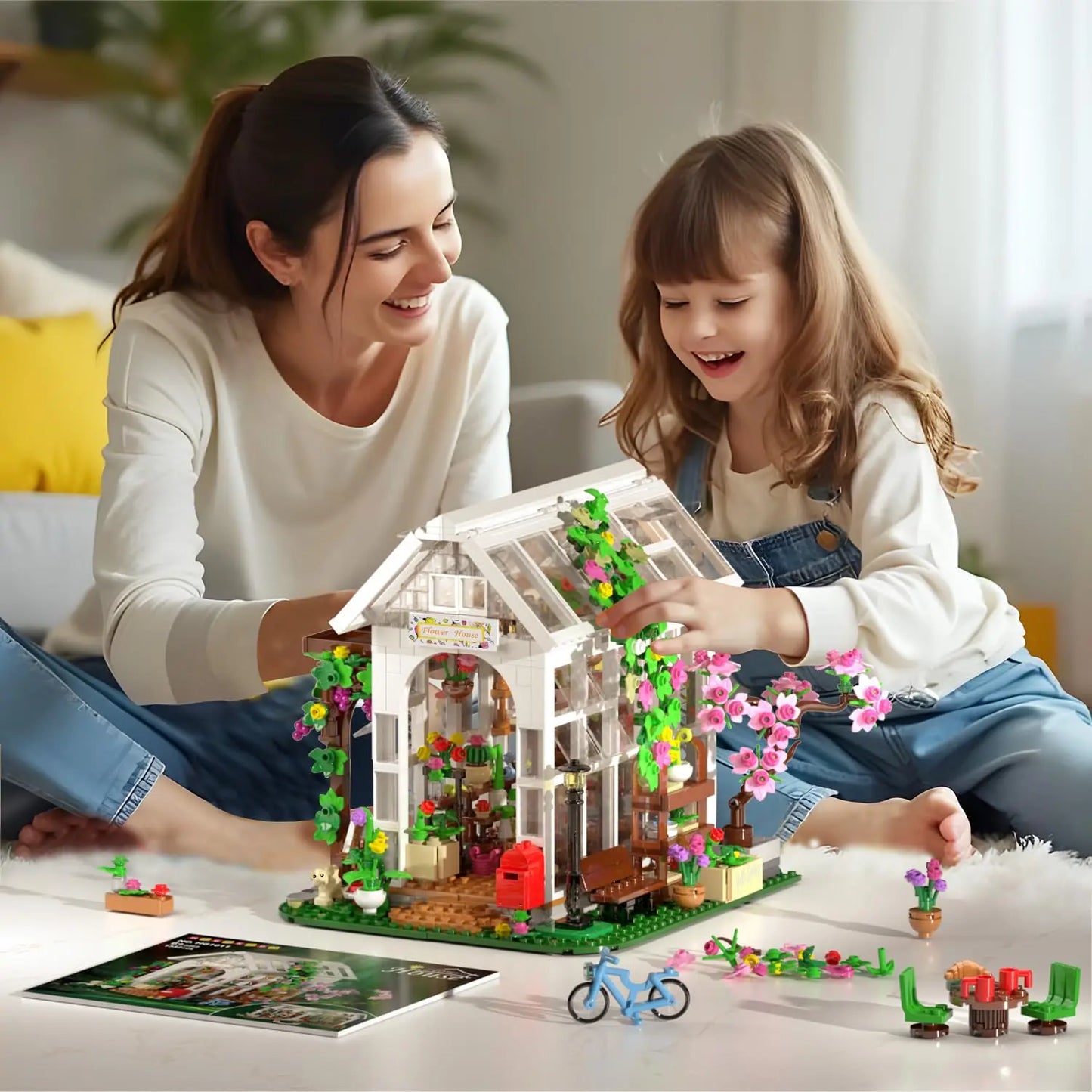 HOGOKIDS Flower House Building Set with LED-Toy with Flowers  Plants Parrot Cat Animals Playset Greenhouse Gift for Adults Teens