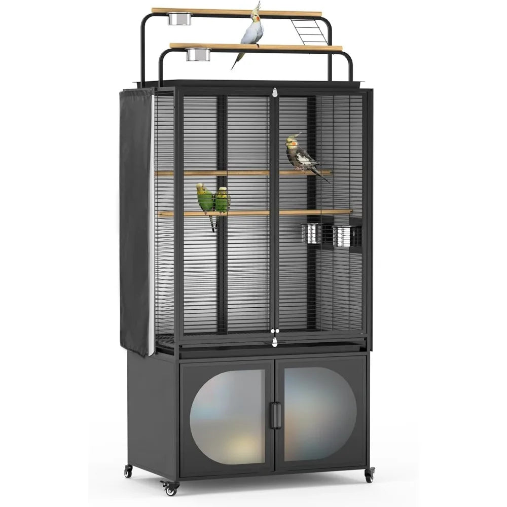 72-Inch Bird Cage with Play Top, Parakeet Cage with Rolling Storage Cabinet Extra Large with Cover for Parrot, Cockatiel, Budgi