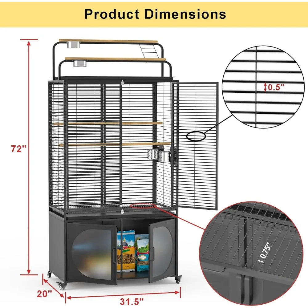 72-Inch Bird Cage with Play Top, Parakeet Cage with Rolling Storage Cabinet Extra Large with Cover for Parrot, Cockatiel, Budgi