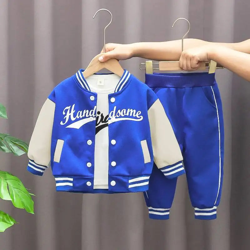 Boys Autumn Letter Jacket Set Round Neck Top Striped Pants