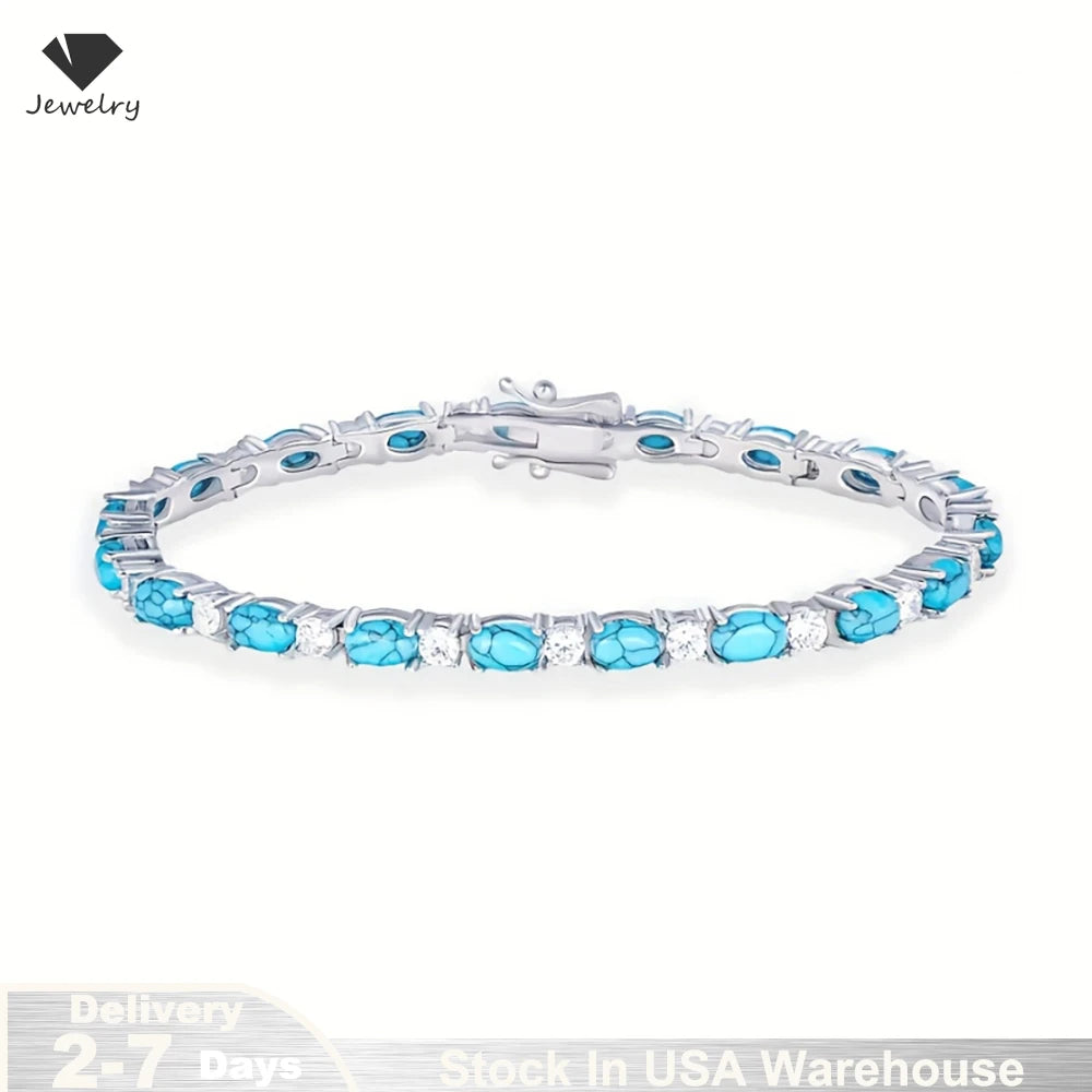925 Sterling Silver 20cm Turquoise Tennis CZ Zircon Chain Bracelet for Women Luxury Crystal Fine Jewelry Gift Shipping from USA